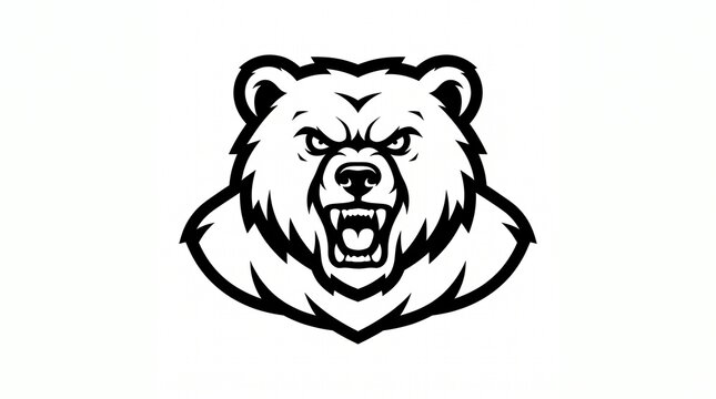Clean front-facing roaring bear head, bold black outline with thick fur collar, intense eyes and open mouth showing fangs and tongue &mdash; same aggressive mascot style as your previous ones, but with a fu