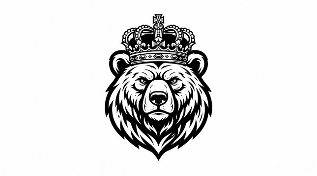 Majestic front-facing bear head wearing a detailed royal crown with cross on top, thick fur with sharp shading, stern powerful expression, bold black-and-white mascot logo on white.