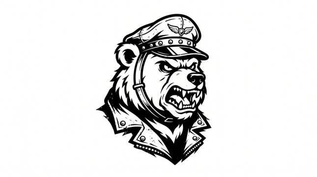 Aggressive bear mascot head wearing a winged pilot-style cap with studs and chin strap plus a leather biker jacket, snarling with exposed fangs, bold black-and-white detailed illustration, tough moto 