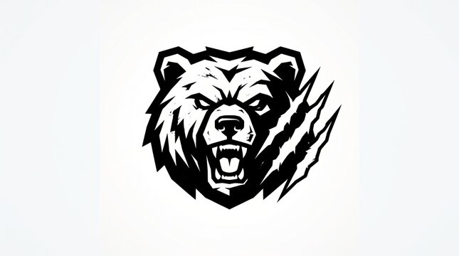 Fierce front-facing bear head logo, mouth wide open roaring with sharp fangs, right side slashed by three deep claw marks, bold jagged black-and-white geometric mascot style with distressed texture.