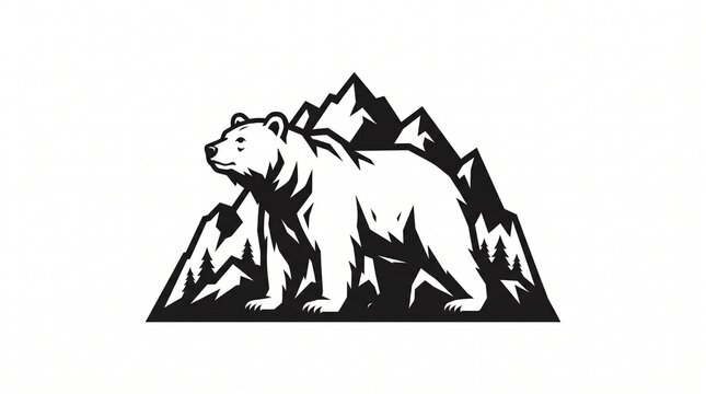 Powerful full-body bear logo standing in profile facing left, set against sharp triangular mountains and small pine trees, bold black-and-white geometric wilderness emblem, strong outdoor adventure st