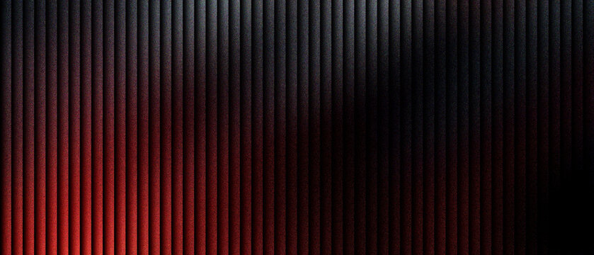 Industrial red and black vertical line pattern, abstract metallic texture with gradient lighting, modern architectural ribbed surface background, minimalist geometric backdrop for web design.