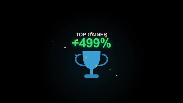 Motion graphic animation of a top gainer notification alert featuring a blue trophy icon and green rising percentage profit display on a dark background for financial and trading concepts.
