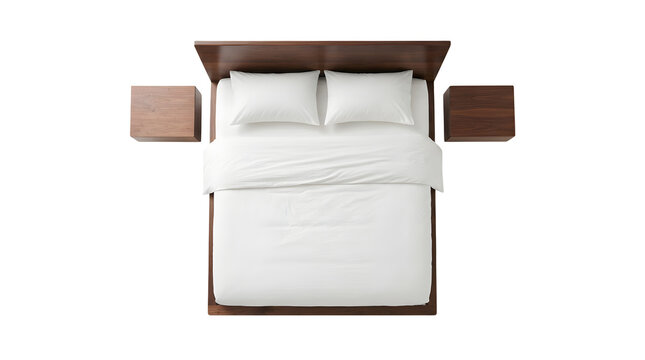Overhead top down d render of a dark wooden bed frame with a headboard, white sheets, two white pillows, a white duvet, and two matching wooden bedside tables isolated on a pure white background