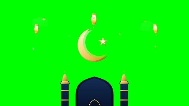 Ramadan kareem golden crescent moon and mosque illustration on a green screen background.