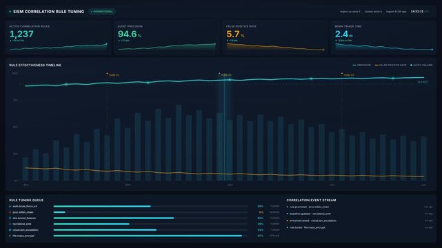 Security analyst reviewing 4k siem correlation rule tuning dashboard with live alert metrics, for cyber threat detection, data security, risk management