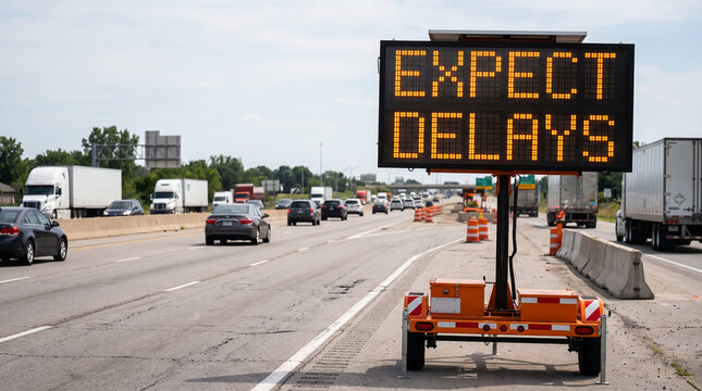 Traffic delay warning sign on highway with congested vehicles during