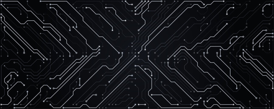 Intricate white electronic circuit board pattern with thin glowing lines and nodes on a dark background, forming a complex digital network technology themes and data concepts