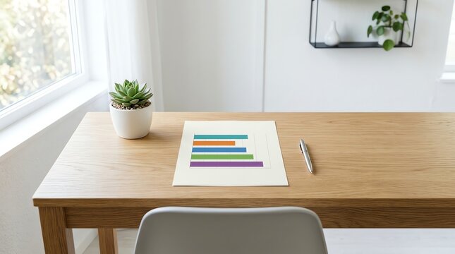 Horizontal bar chart report lying on a wooden office desk with a pen and a small succulent plant in a bright room