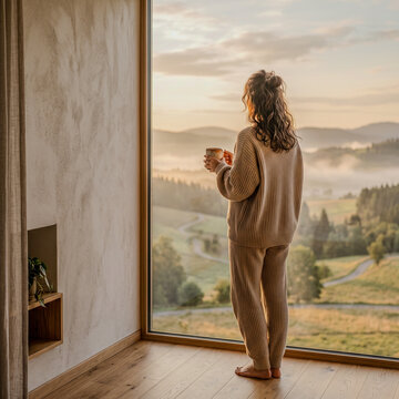 Woman with coffee mug looking at morning mountain view generative AI