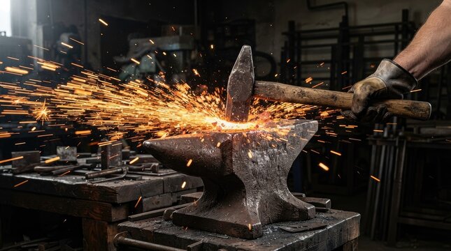 A blacksmith strikes a hot metal piece with a large hammer, creating a shower of sparks. The scene is set in a dimly lit workshop with a heavy anvil and other tools.