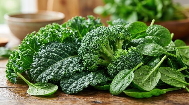 A wooden table displays a vibrant assortment of leafy greens. Several heads of kale and broccoli are nestled amongst a pile of fresh spinach leaves.