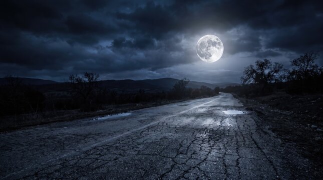 Dark eerie night landscape with a bright full moon shining over a cracked wet rural asphalt road