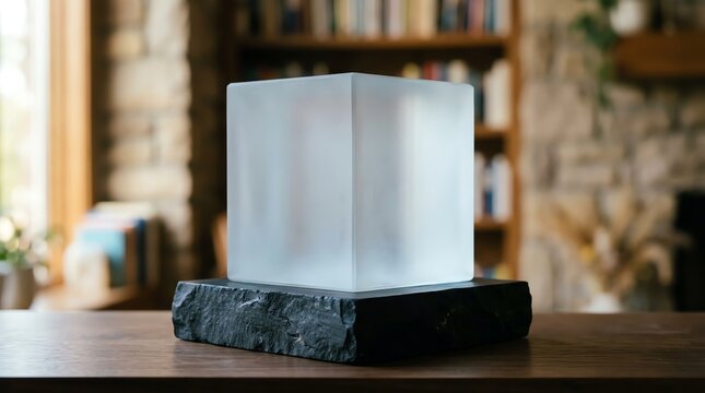A translucent cube sculpture sits atop a dark, textured stone base on a wooden surface