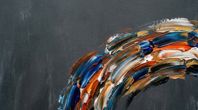 An abstract painting features a swirling brushstroke of vibrant colors against a dark gray background. The paint creates a dynamic, flowing shape reminiscent of a wave or a ribbon.