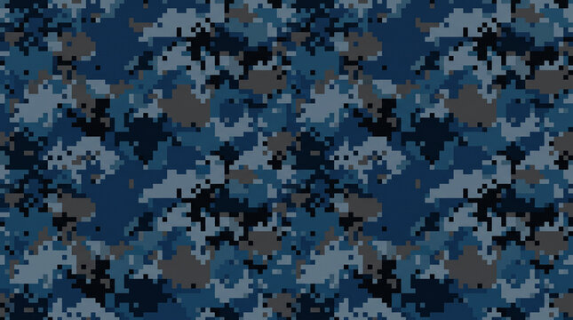 Seamless digital navy camouflage pattern background with dark blue, gray, and black pixelated geometric texture for tactical apparel and military textile design.