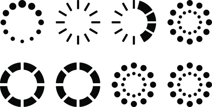 Solid Black Circular Loading Spinner Icon Set Vector with Progress Indicators Buffering and Processing Dots for Web Mobile App Interface Designs