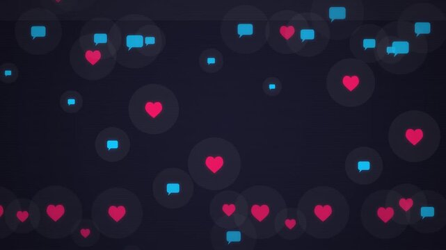 Social media interaction animation featuring floating red heart like icons and blue speech bubble comment notifications on a dark textured background for digital engagement and marketing