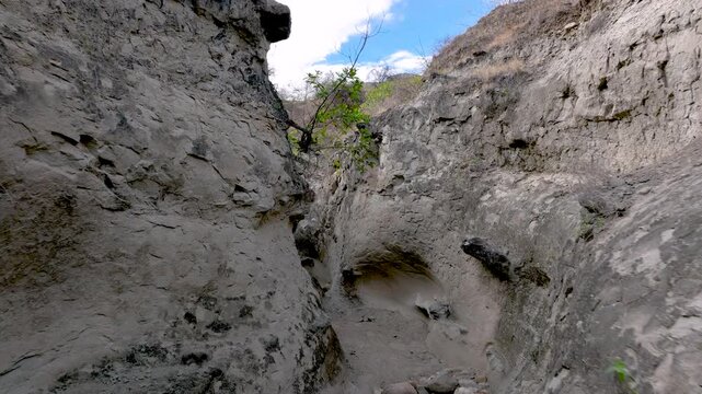 Tatacoa Desert Grey Geological Formations and Erosion Patterns in Colombia. Establishing Shot. Aerial View.
