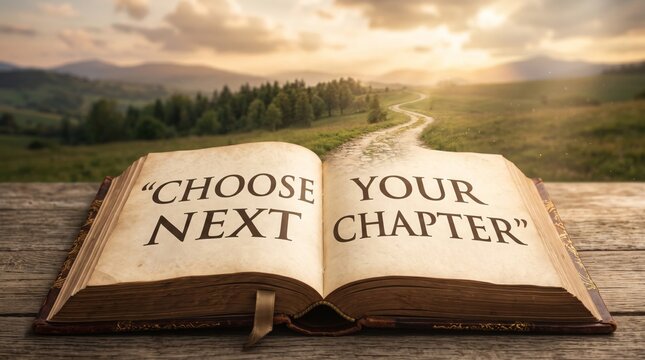 Open book with motivational quote choose your next chapter on wooden