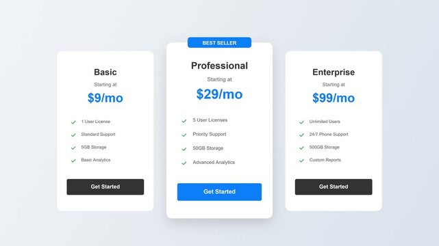 Modern pricing table interface design for website or application showing three subscription tiers including basic professional and enterprise plans with feature lists and monthly costs in dollars