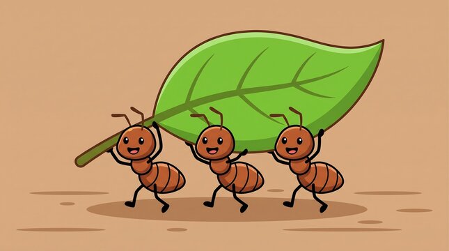 Three cheerful ants carry a large leaf together, demonstrating teamwork and cooperation in nature.