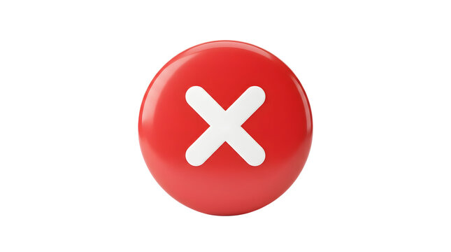 A d rendered glossy red circular button icon featuring a rounded white cross symbol centered directly on a solid plain white background representing incorrect error close or cancel actions