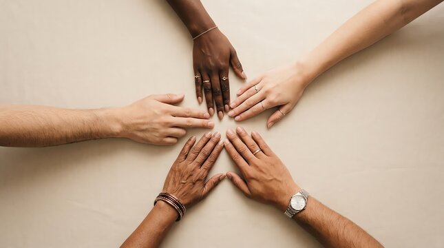 Diverse group of hands joined together in a circle symbolizing unity and teamwork