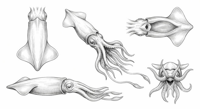 Giant squid anatomical study set with dorsal, ventral, lateral, frontal, and swimming views. Detailed pencil sketch on white background.