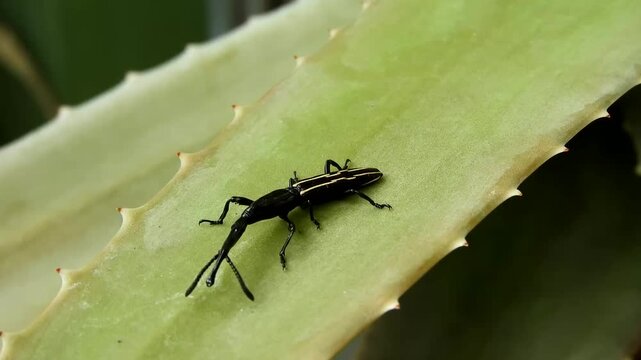 Black and yellow-striped weevil crawling slowly along the serrated edge of a thick green aloe leaf in natural daylight