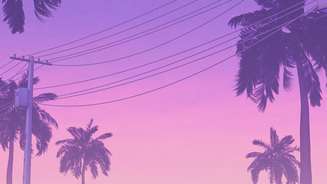 Miami video game Inspired Palm Tree and Power Line with neon pink purple Sky | 3D Illustration