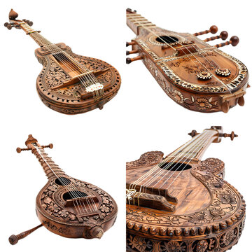 Traditional sitar with intricate carvings, isolated on pure white background
