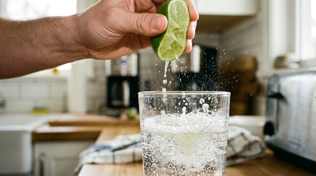 Close up of a hand squeezing fresh lime juice into a glass of sparkling water.