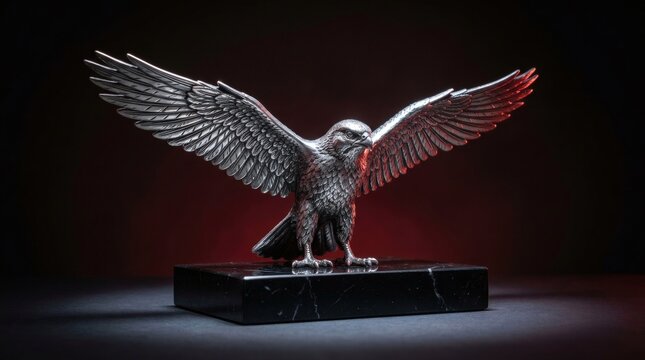 Majestic silver eagle sculpture with spread wings on polished black marble base.