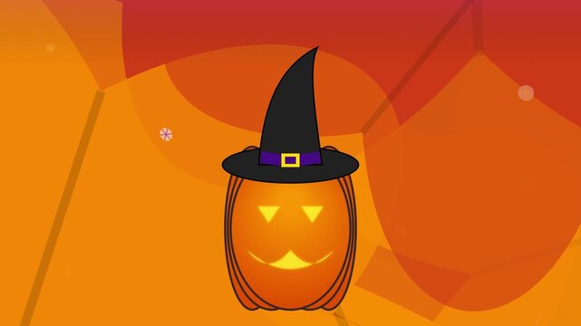Animated halloween pumpkin wearing a witch hat on orange background