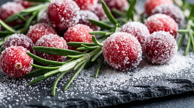 Close-up of sugared cranberries with fresh rosemary sprigs and sugar crystals on dark slate surface