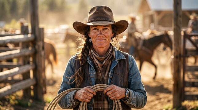 A determined cowgirl with a braided ponytail and a dusty face holds a coiled rope on a sunlit ranch, with horses and fences in the blurred background.