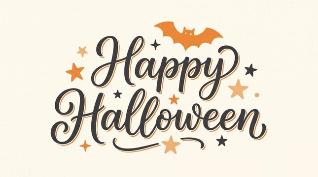 Happy halloween lettering quote card design with cute flying bat and stars on retro background