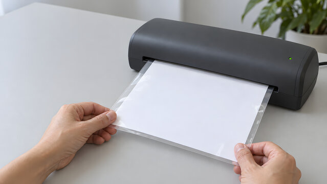 Hands Feeding a Blank Paper Pouch into a Laminator