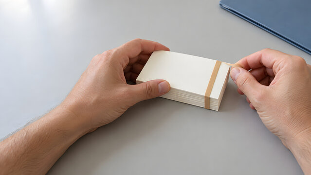 Hands Securing Blank Index Cards with a Rubber Band