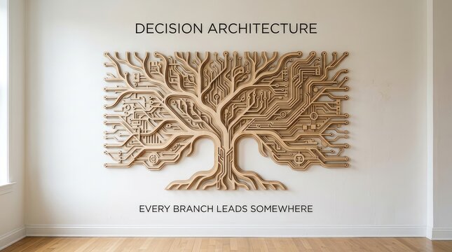 Abstract wall art combining tree branches with circuit patterns in minimalist indoor setting