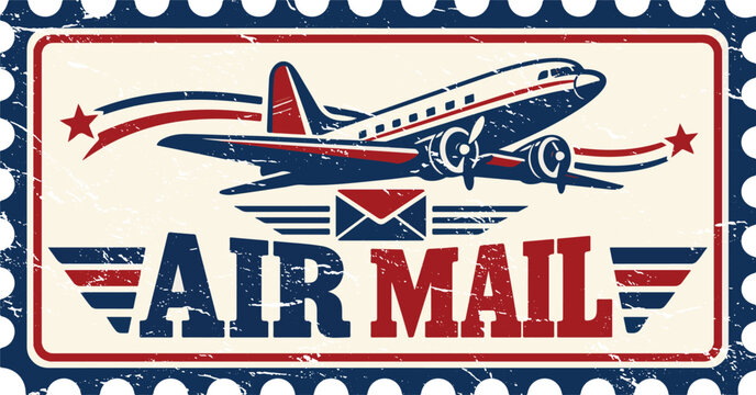 Vintage air mail postage stamp design with airplane and envelope