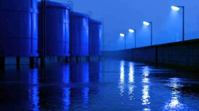 Nighttime industrial scene with blue lighting; rain reflects off wet ground beside storage tanks