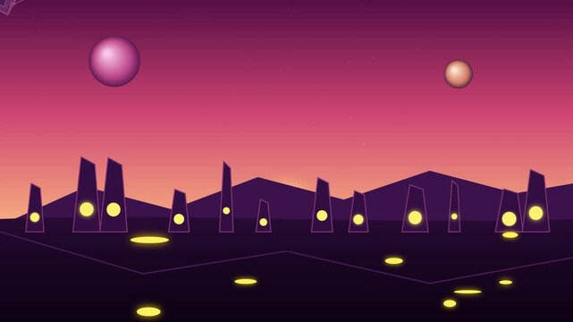 Stylized alien planet landscape with glowing monoliths at sunset horizon abstract scifi fantasy purple horizon abstract scifi fantasy purple