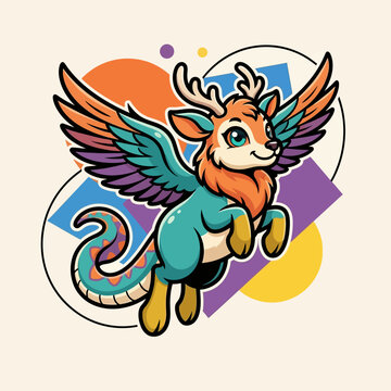 Flying mythical winged deer dragon creature mascot.