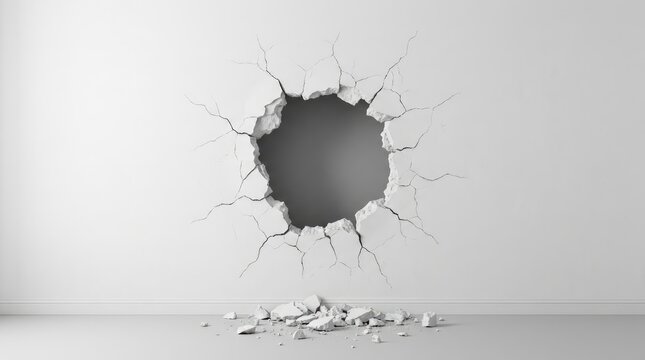 Large circular hole broken through a flat white wall with debris on floor