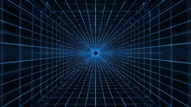 Blue digital grid tunnel receding into a central vanishing point in dark cybernetic space