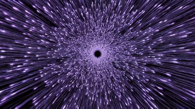 Purple light trails and particles traveling at warp speed through space towards a central void