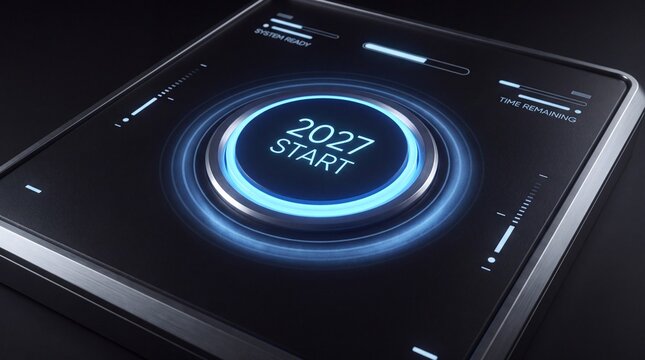 Futuristic control panel photo with glowing blue start button. Digital countdown interface. High-tech dashboard for technology projects