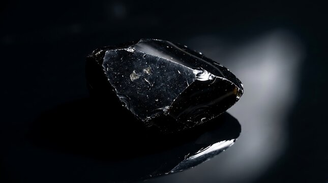 Black obsidian gemstone isolated on dark reflective background with macro details of volcanic glass texture and sharp fractured edges in studio light
